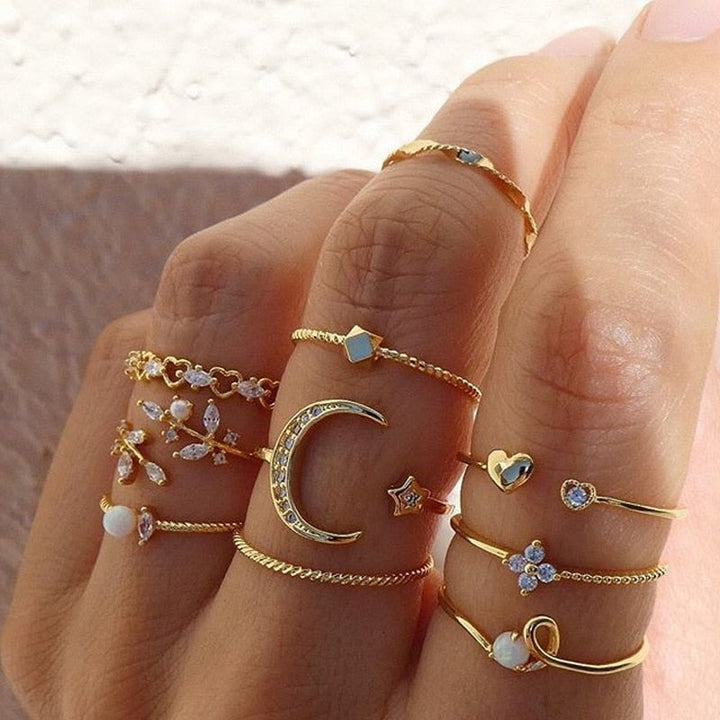 Solara | 10-delt Bohemian Sølv & Guld Ring Sæt